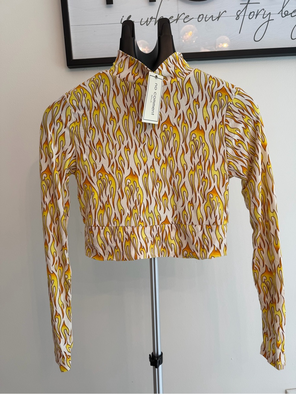 Women’s Yellow Flame Print Long-Sleeve Crop Top